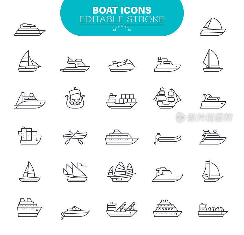 Boat Icons. Set contains symbol as Transportation; Sailboat, Ship, Nautical Vessel